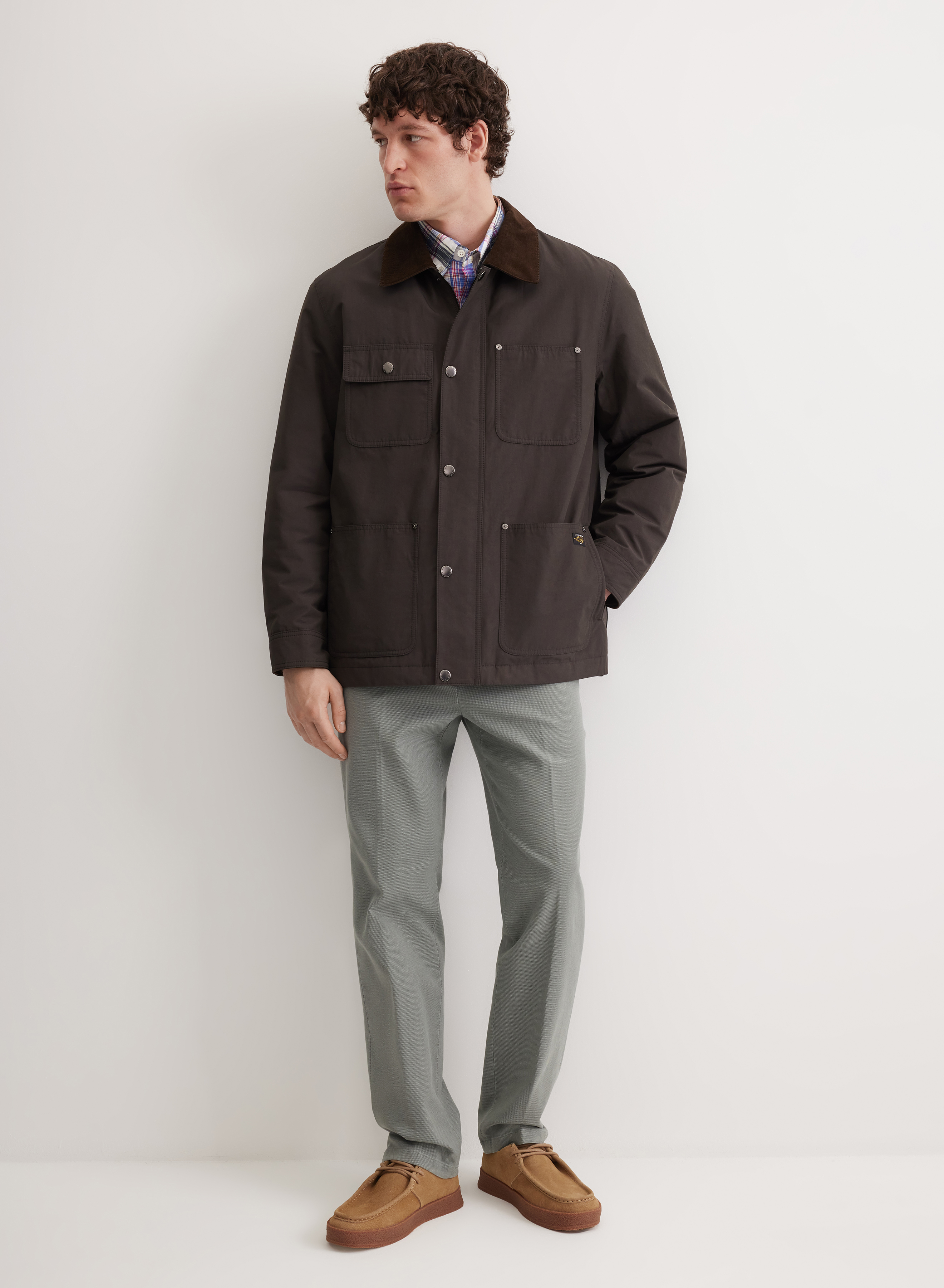 Удлиненная куртка с вельветовым воротником и накладными карманами - основное изображение товара