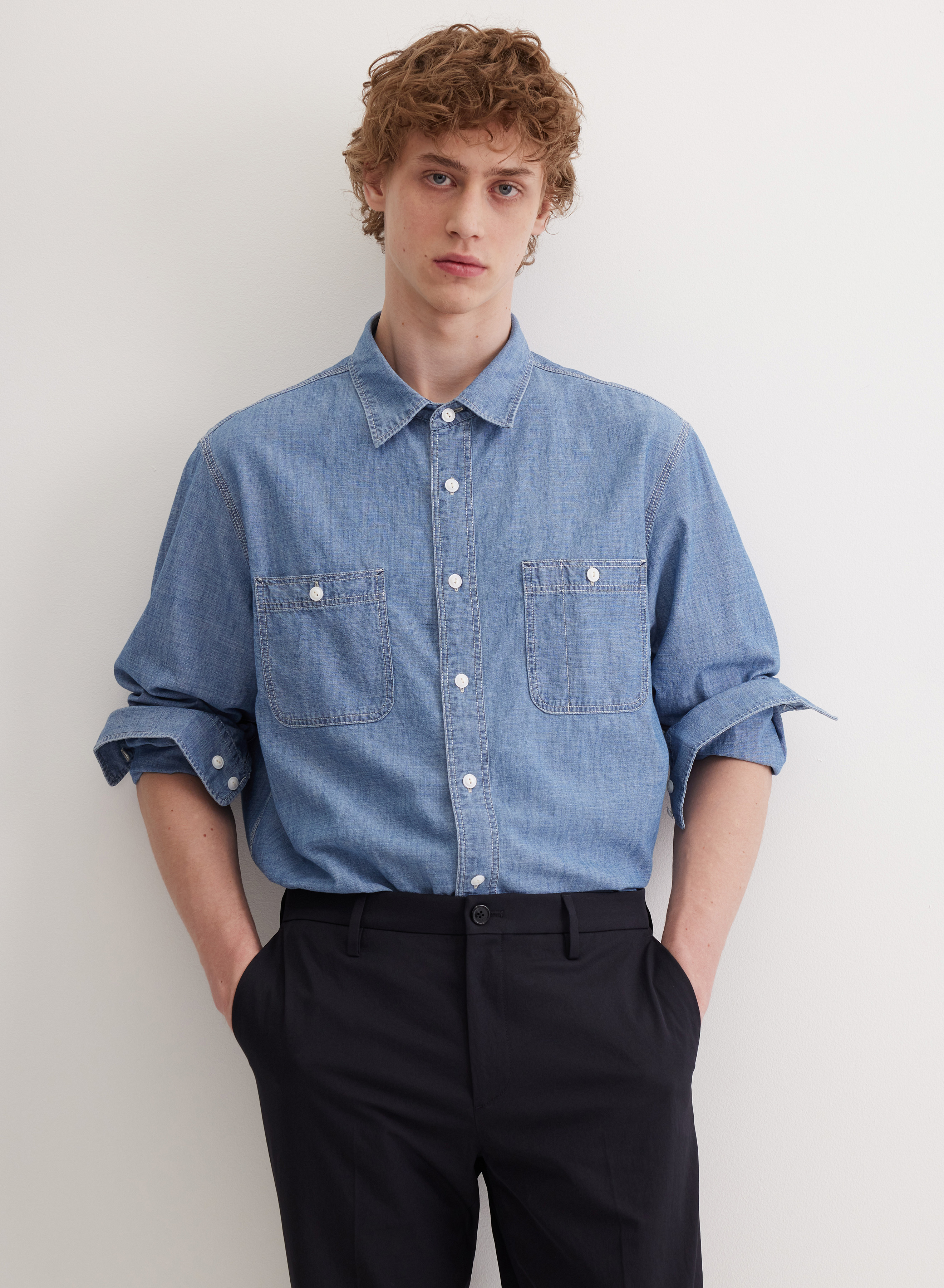 Джинсовая рубашка свободного кроя с фигурным низом - основное изображение товара