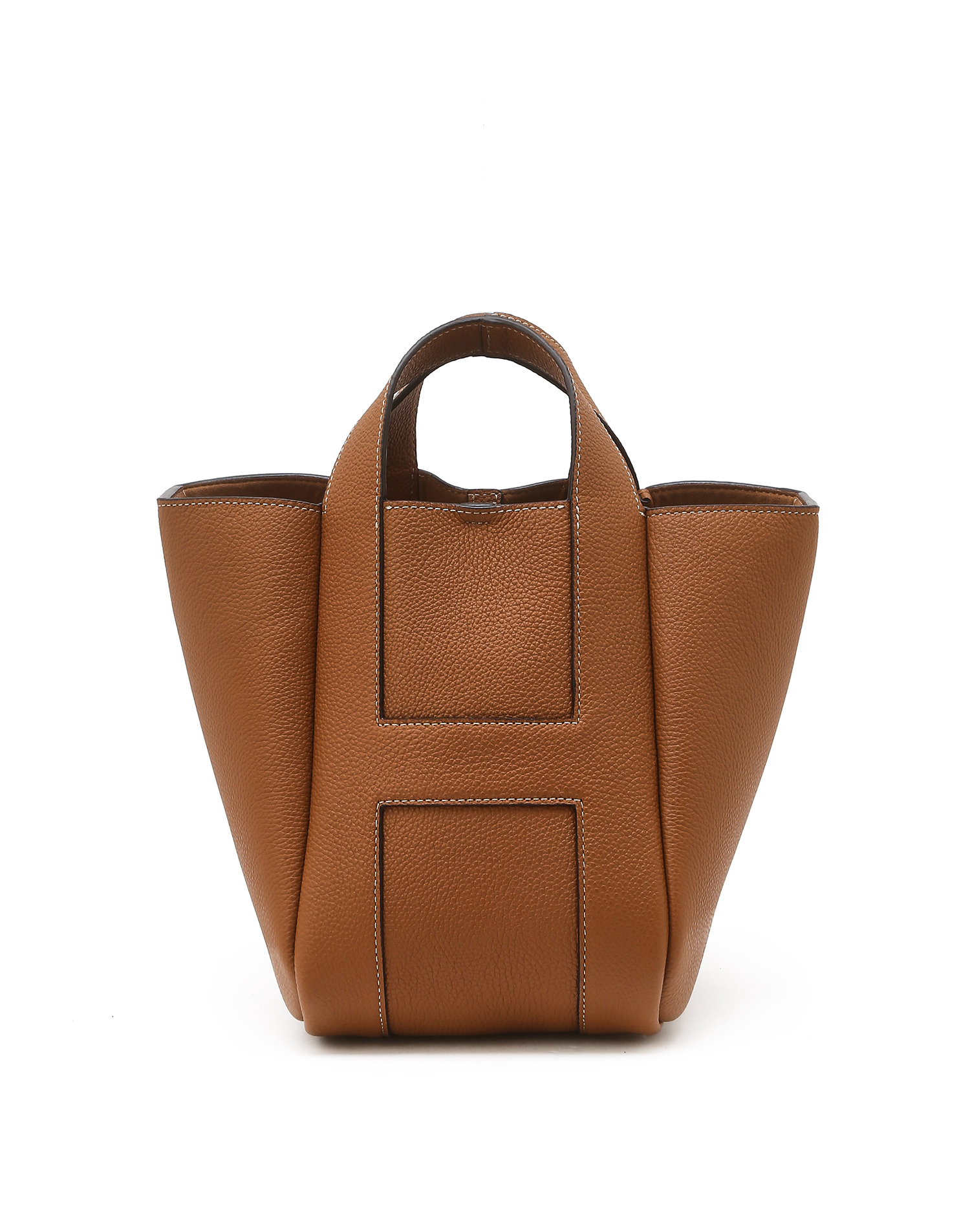 Коричневая сумка-шопер из натуральной кожи с контрастной строчкой  - основное изображение товара