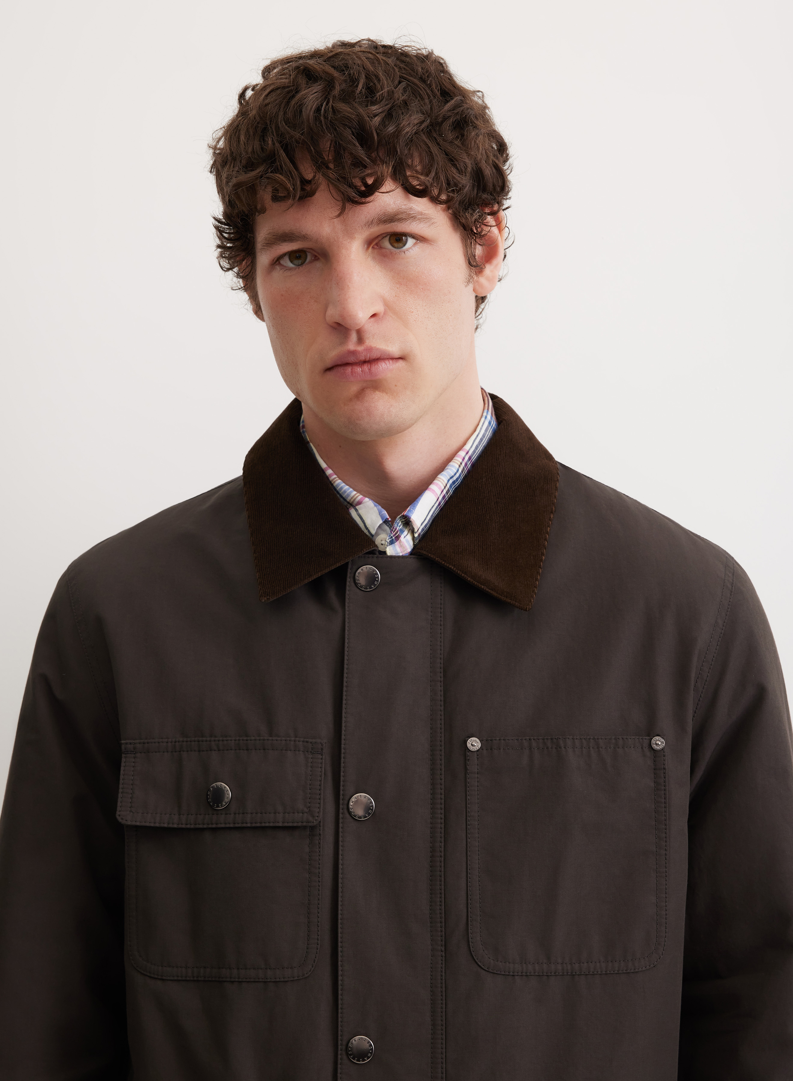 Удлиненная куртка с вельветовым воротником и накладными карманами - основное изображение товара