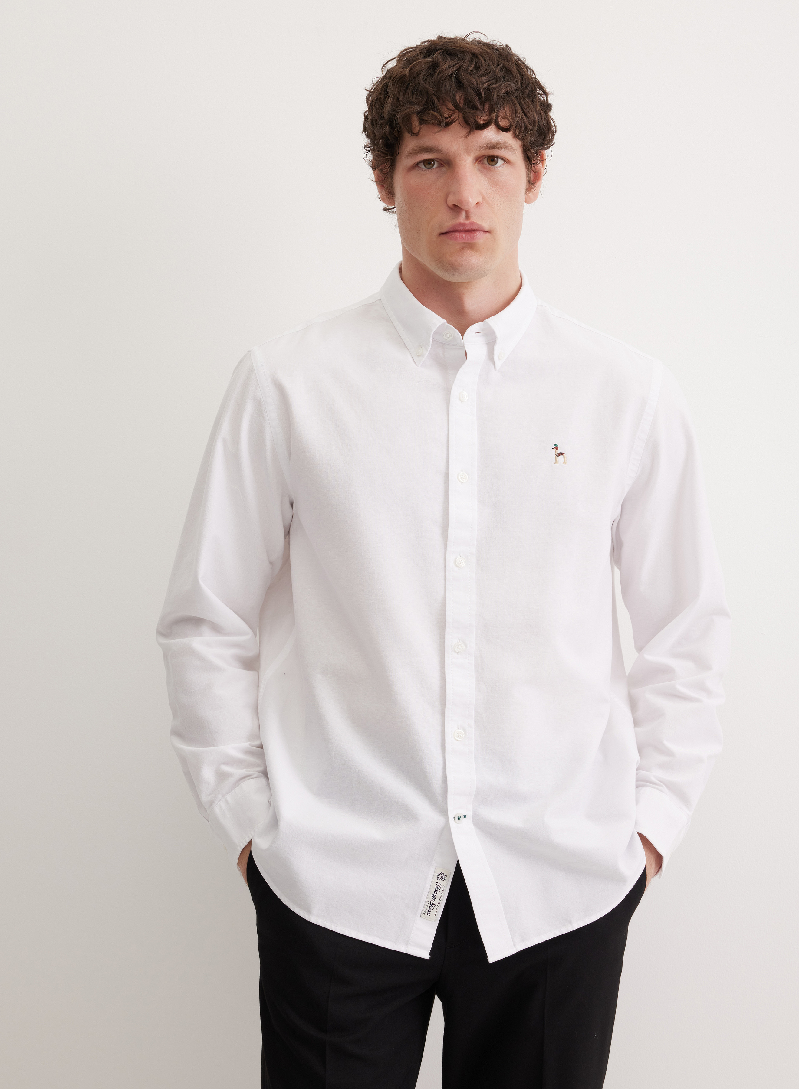 Хлопковая однотонная рубашка с отложным воротником и ярким принтом - основное изображение товара