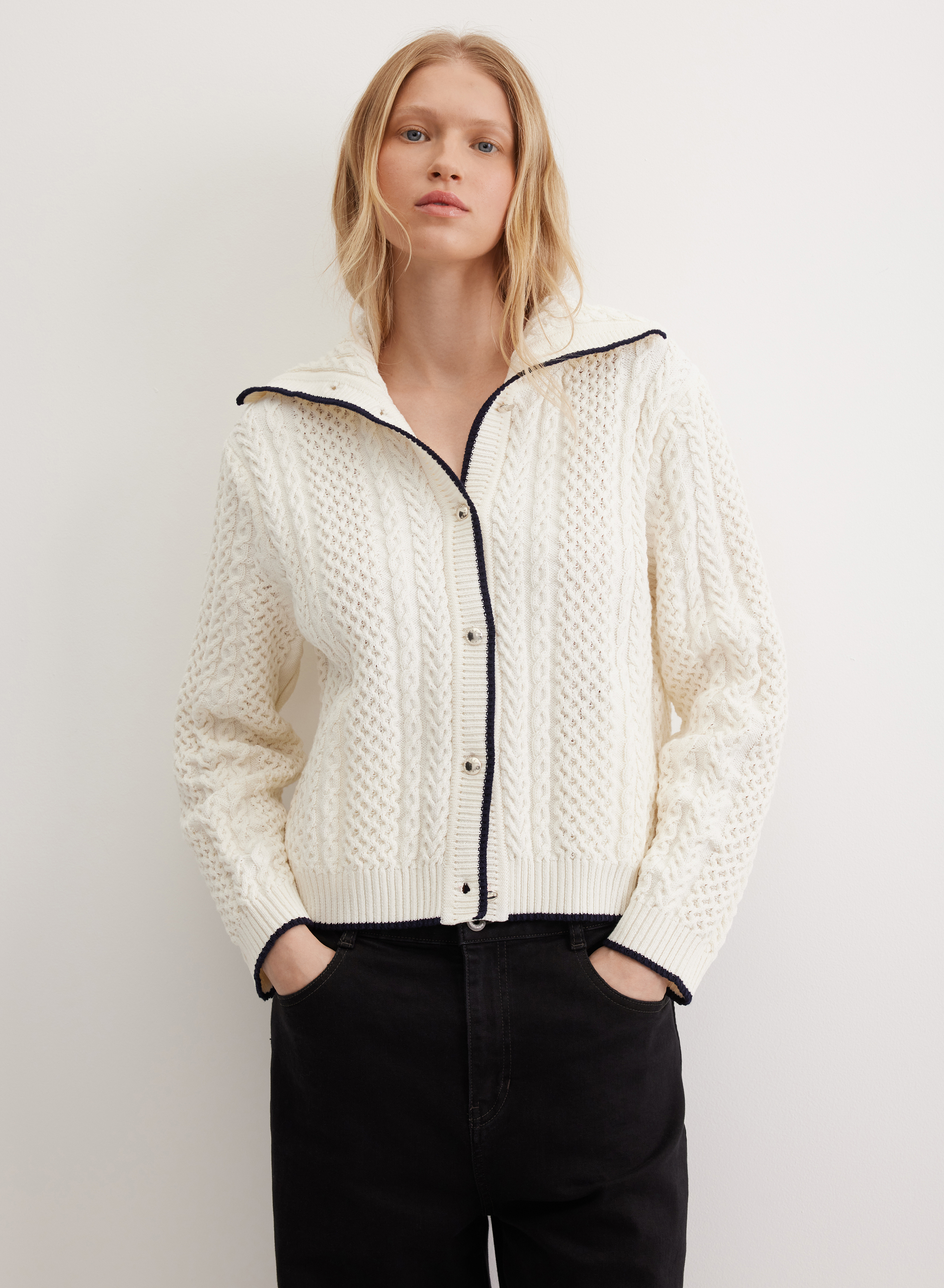 Кардиган с шалевым воротником и контрастной окантовкой  - основное изображение товара