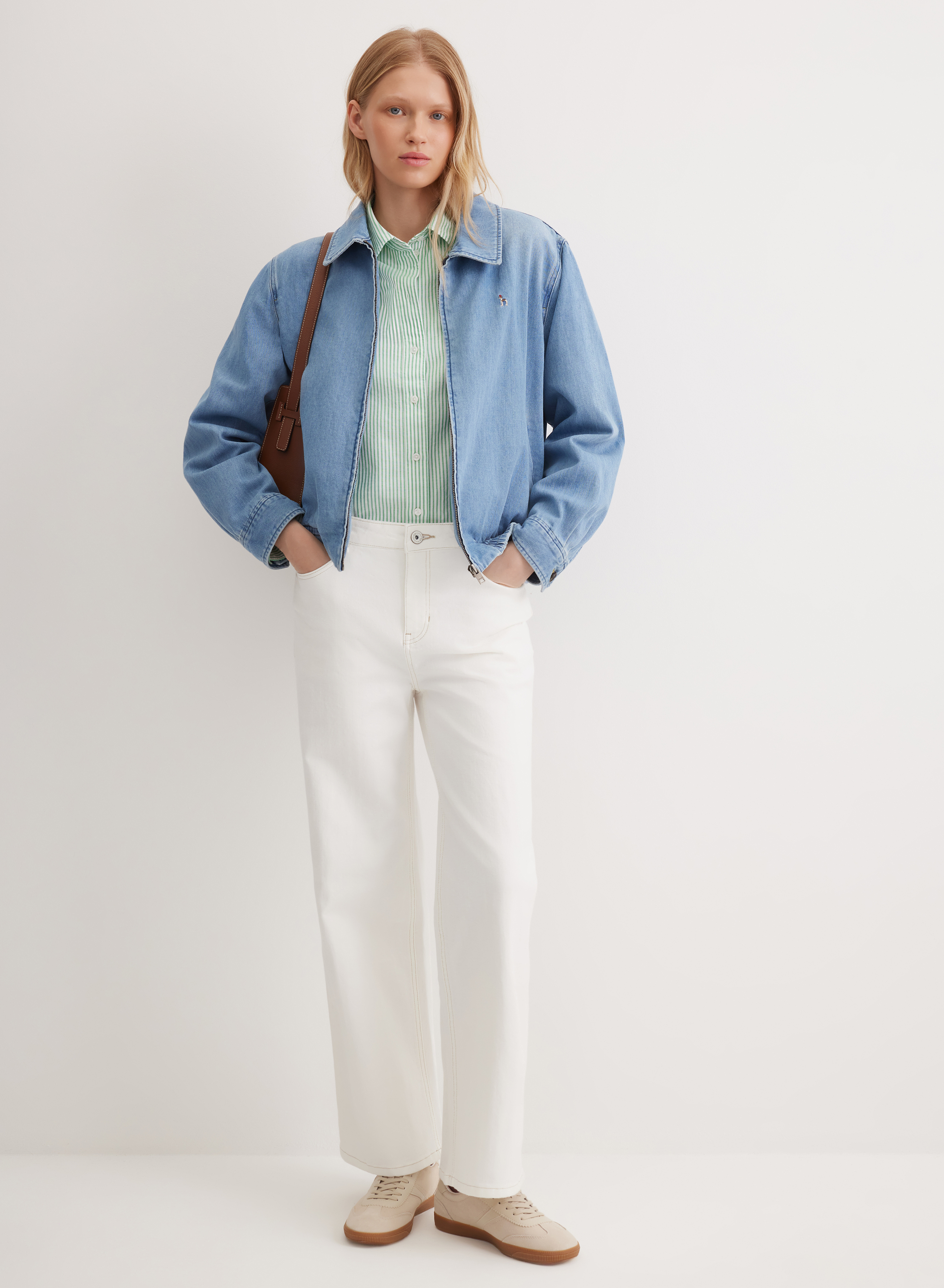 Джинсовая куртка с отложным воротником на резинке  - основное изображение товара